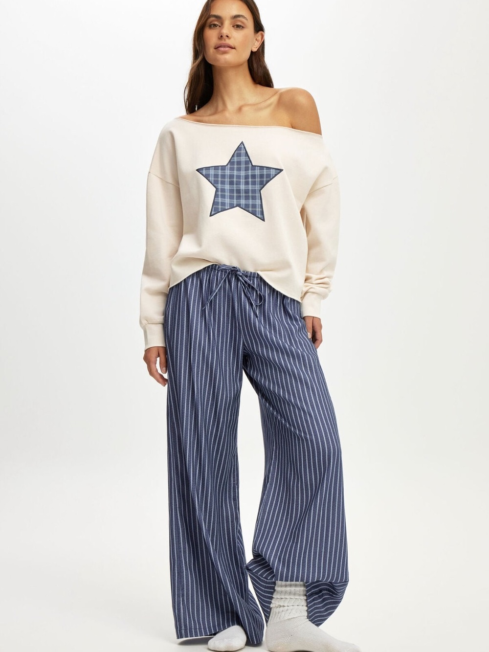 New Cotton On Cloud Soft Flannel Wide-Leg Navy Striped Lounge Pants